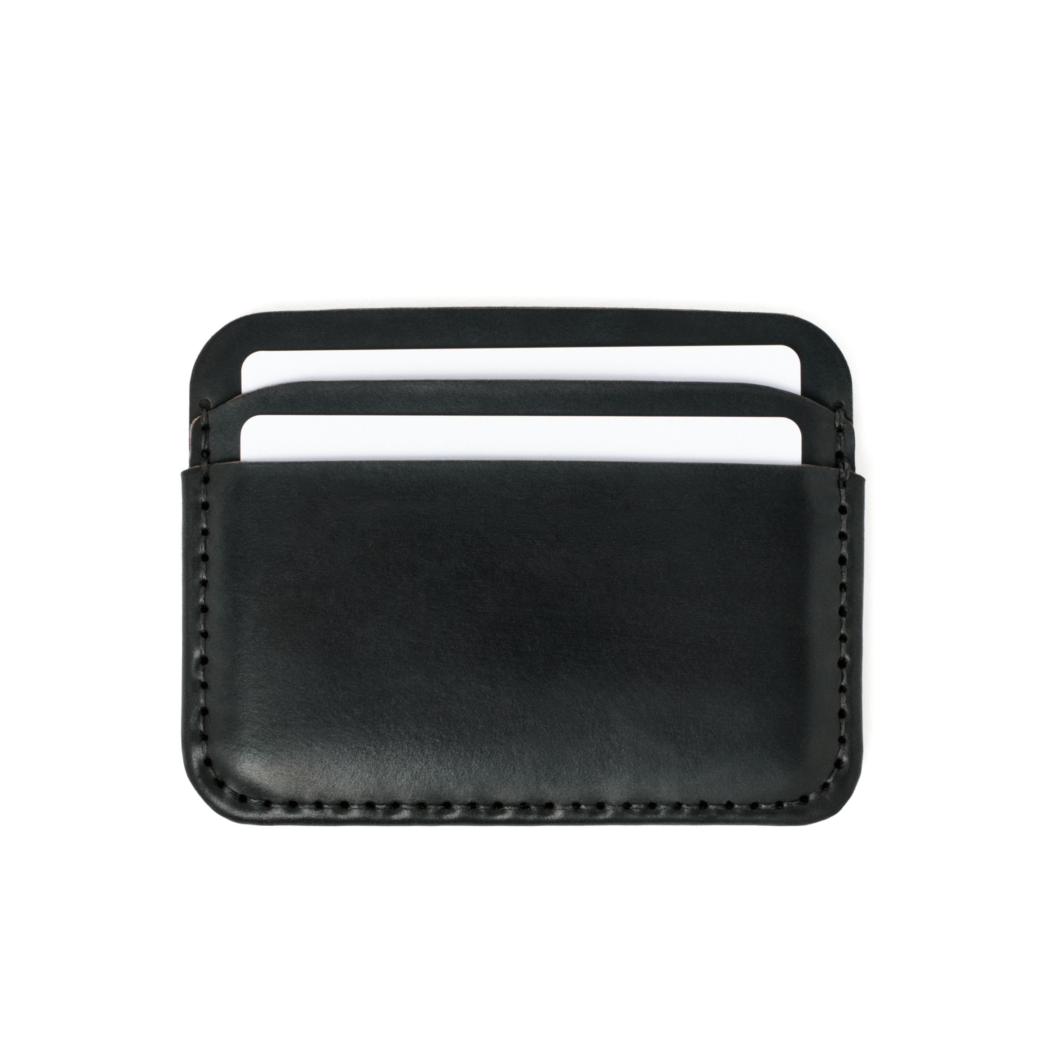 Front of the MAKR Round Luxe PLUS Wallet in Black Horween Shell Cordovan with cards loaded.