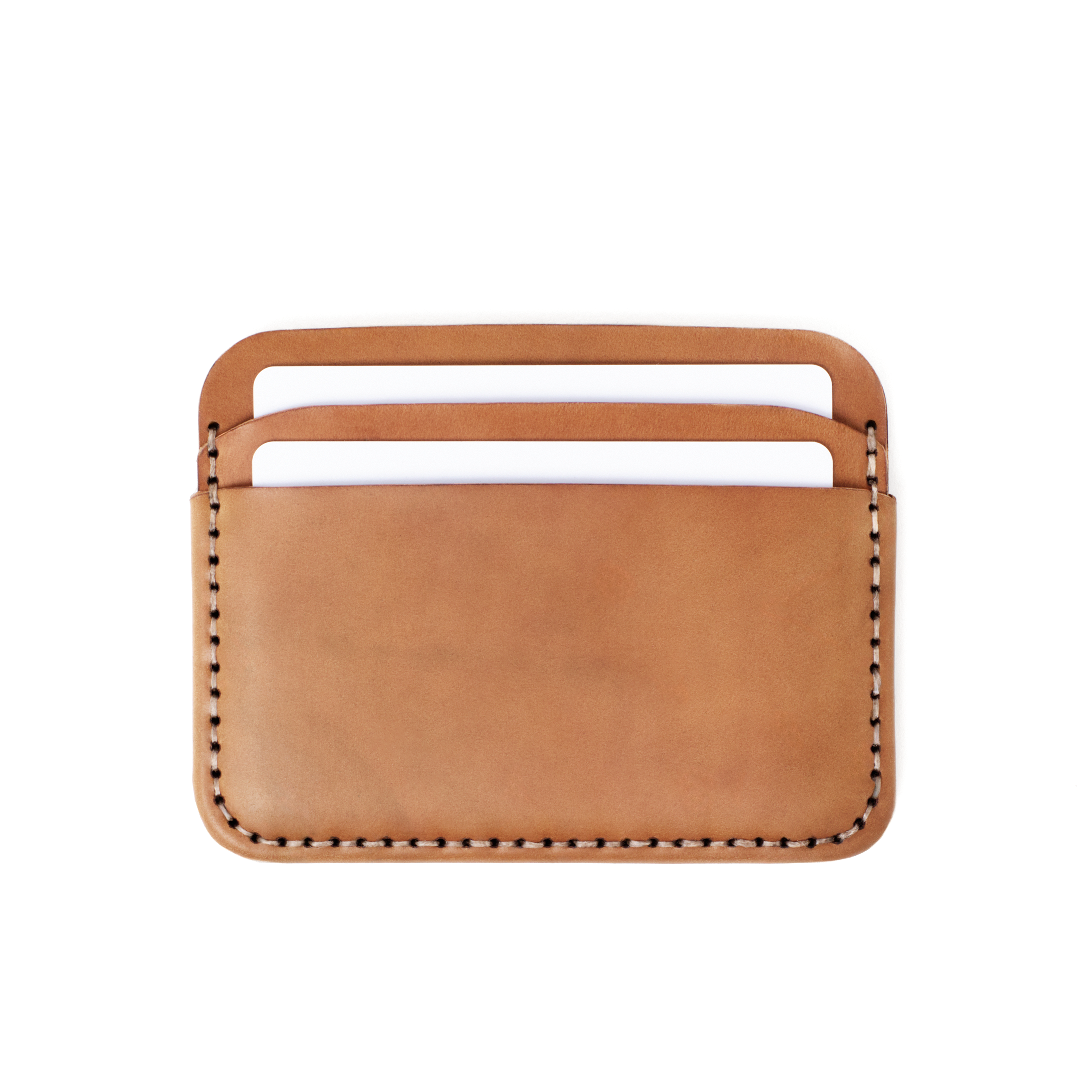 Front of the MAKR Round Luxe PLUS Wallet in Natural Horween Shell Cordovan with cards loaded.