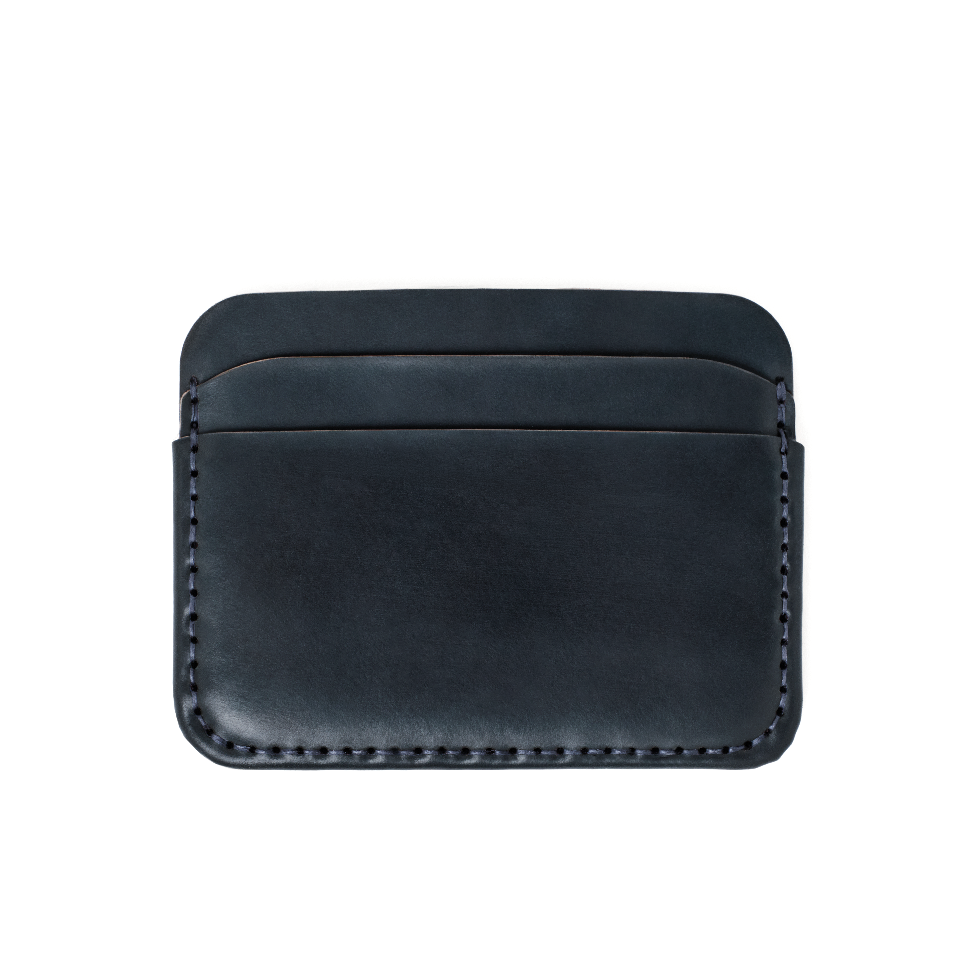 Front view of the MAKR Round Luxe PLUS Wallet in Navy Horween Shell Cordovan.