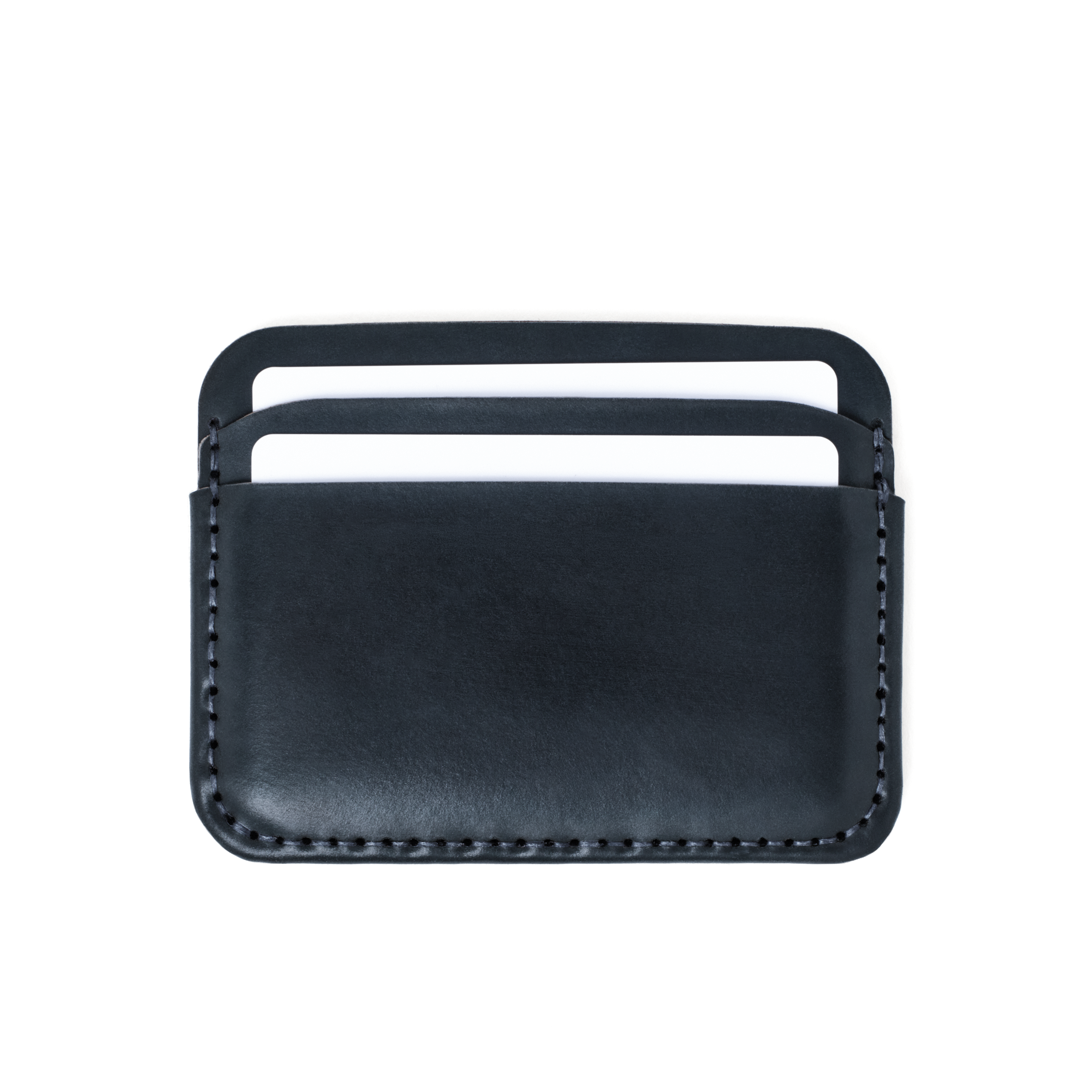 Front of the MAKR Round Luxe PLUS Wallet in Navy Horween Shell Cordovan with cards loaded.