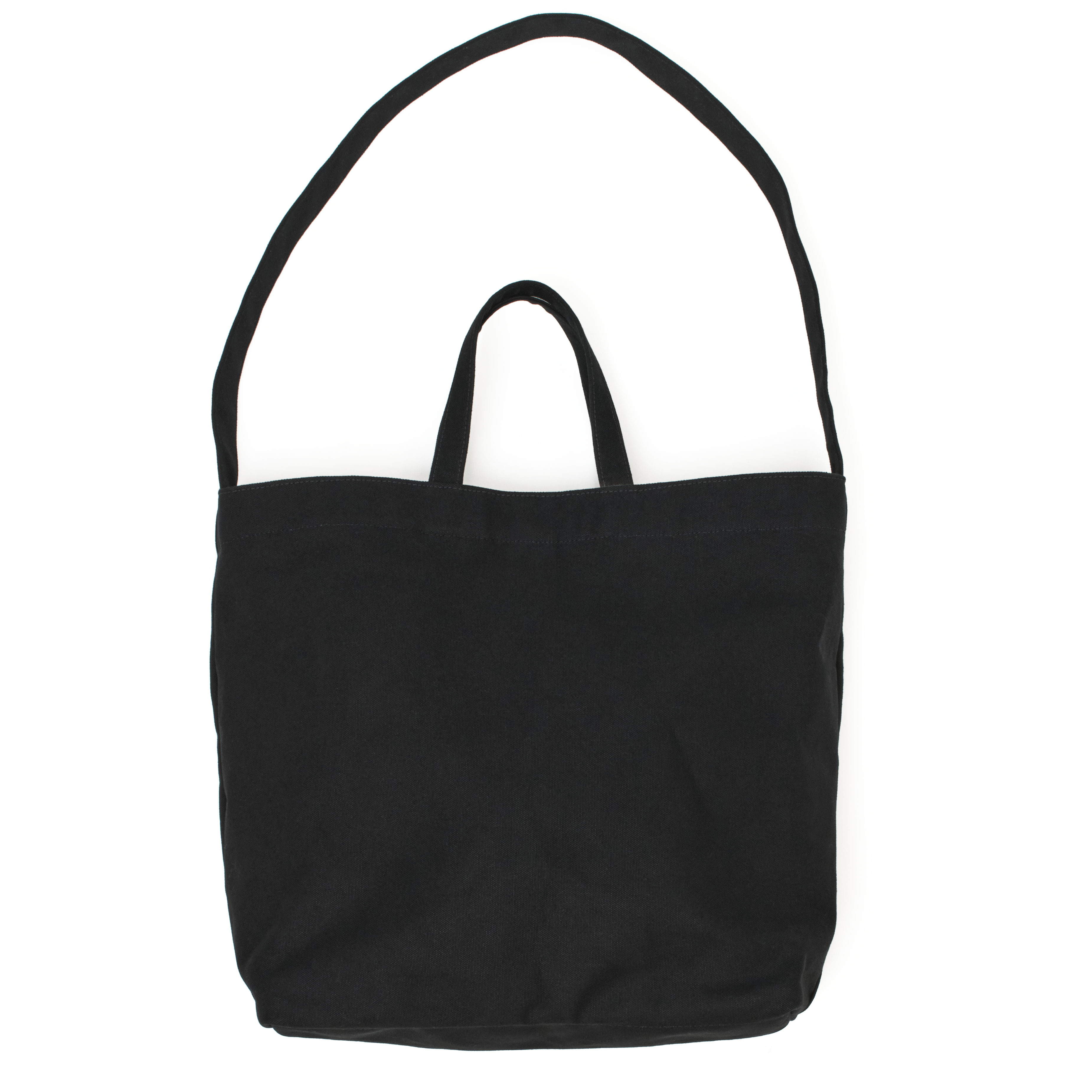 Front view of the MAKR Vert Sling Tote in Black heavy cotton duck canvas with the top open.