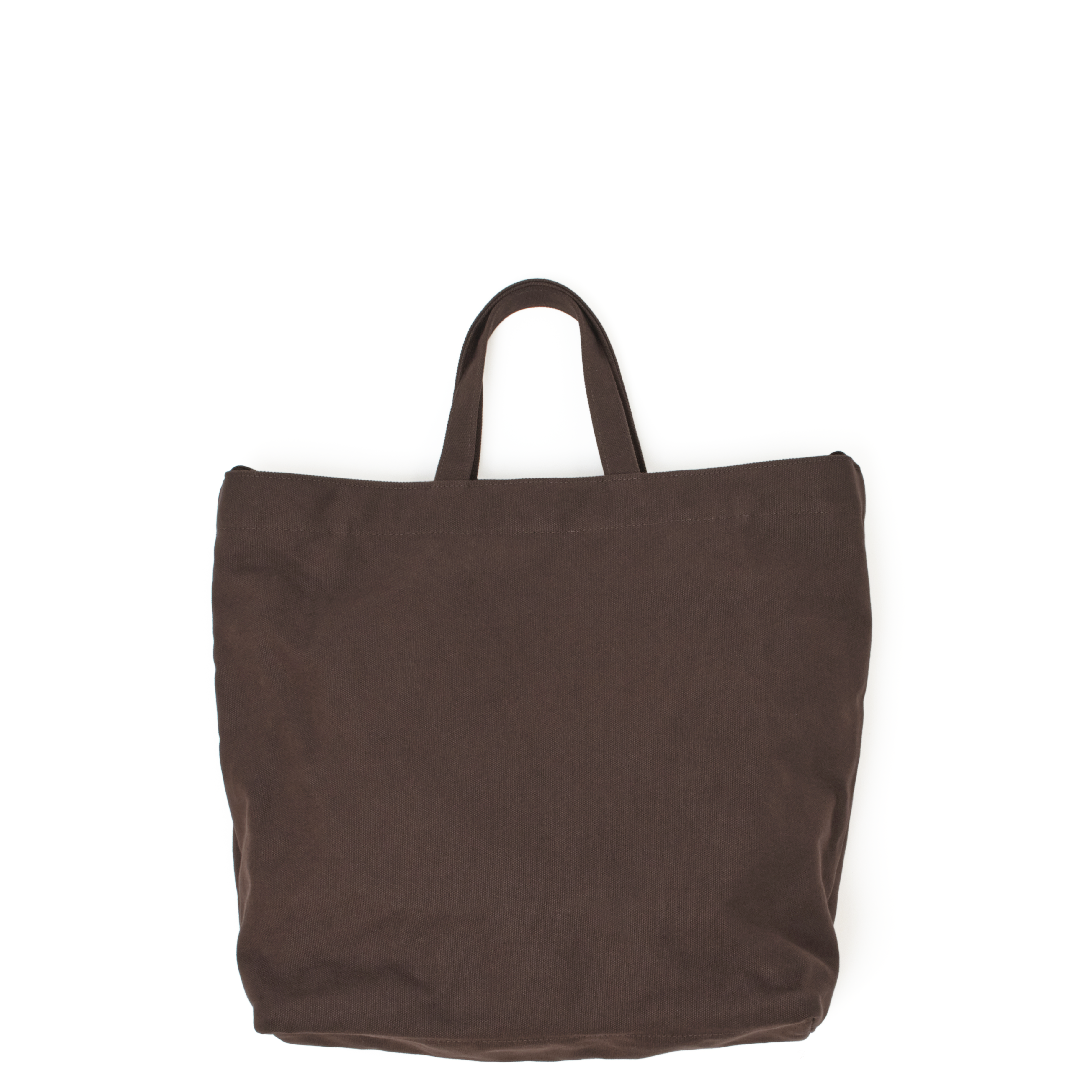 Front view of the MAKR Vert Sling Tote in Brown heavy cotton duck canvas.