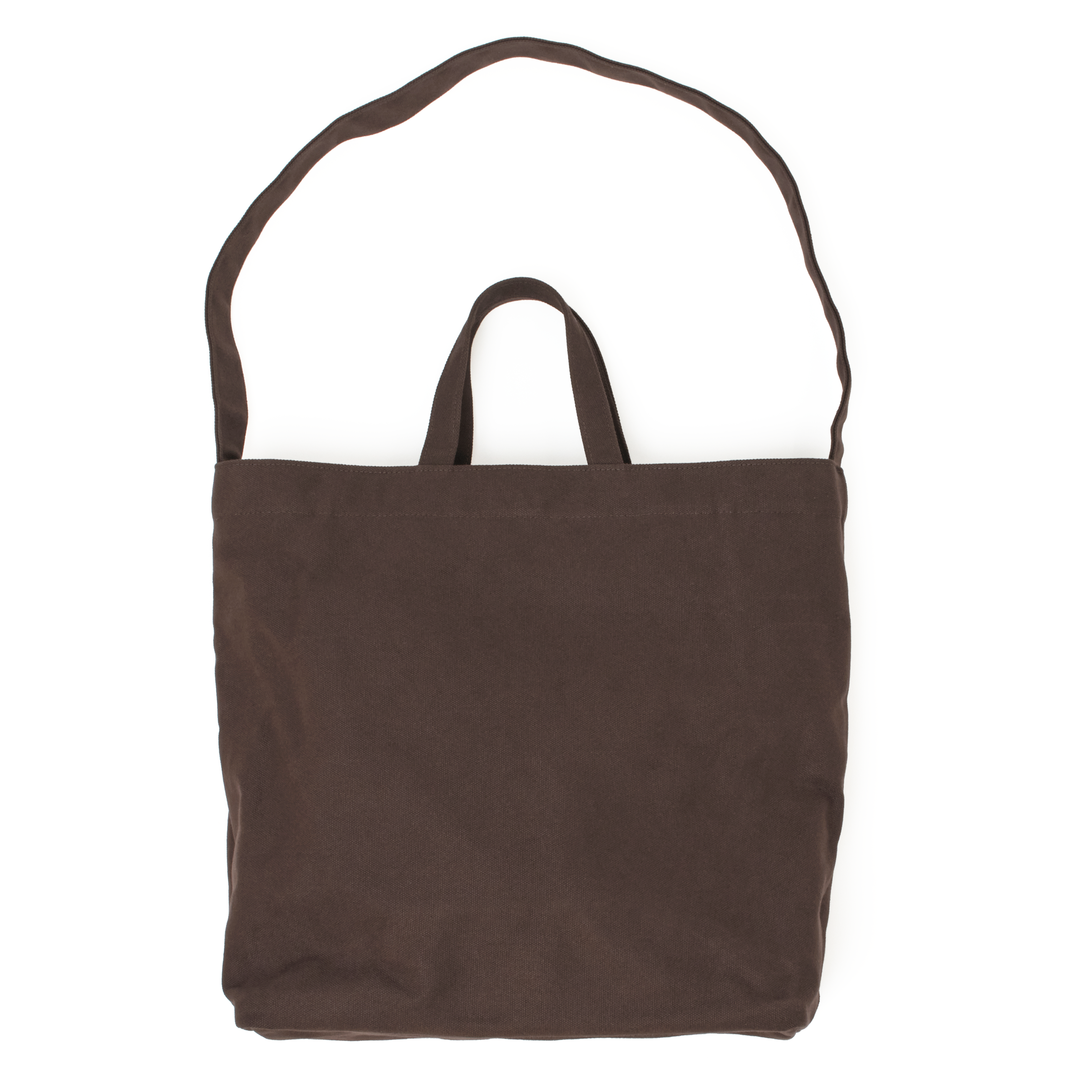 Front view of the MAKR Vert Sling Tote in Brown heavy cotton duck canvas with the top open.