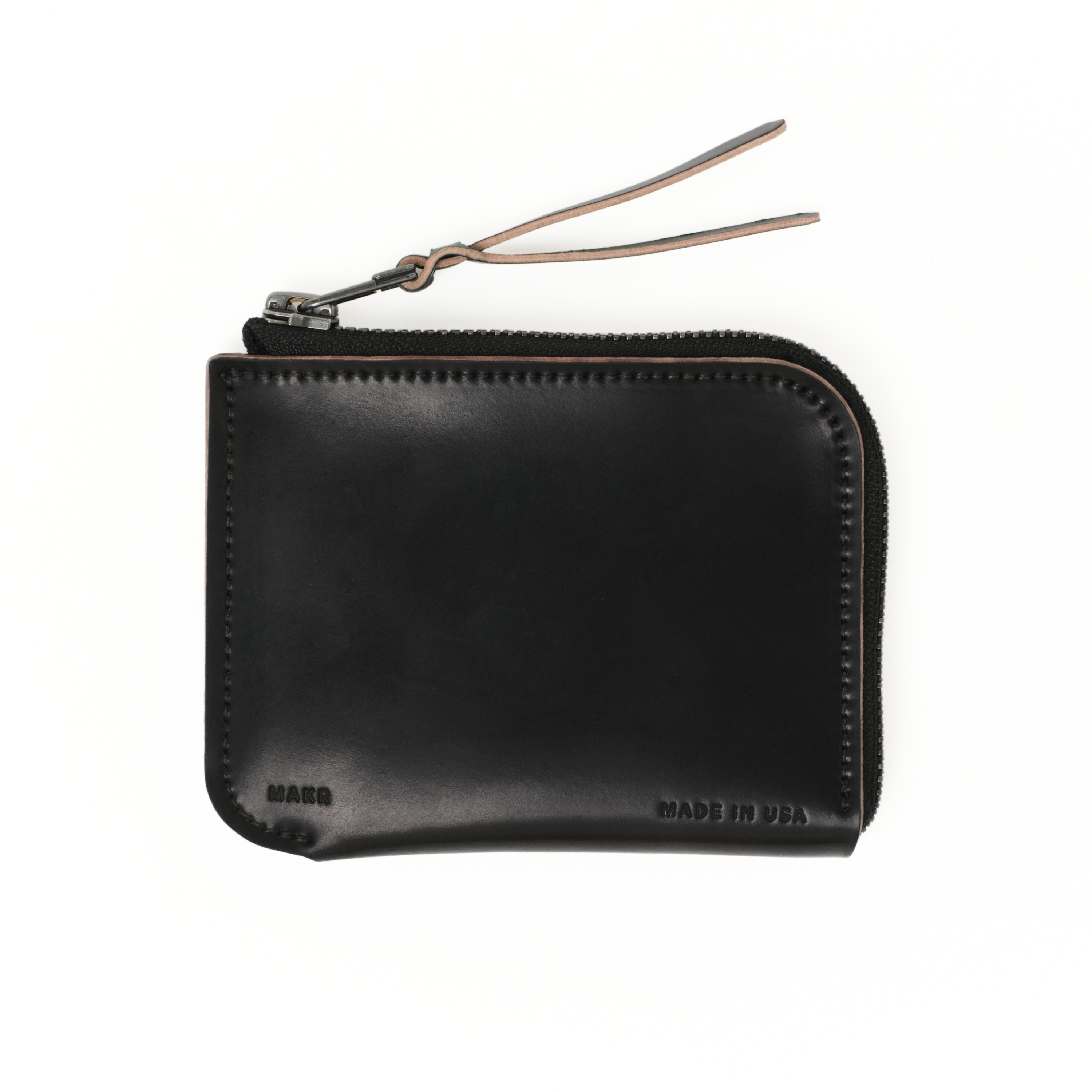 Front view of the MAKR Cordovan Zip Luxe V2 Wallet in Black Horween Shell Cordovan.