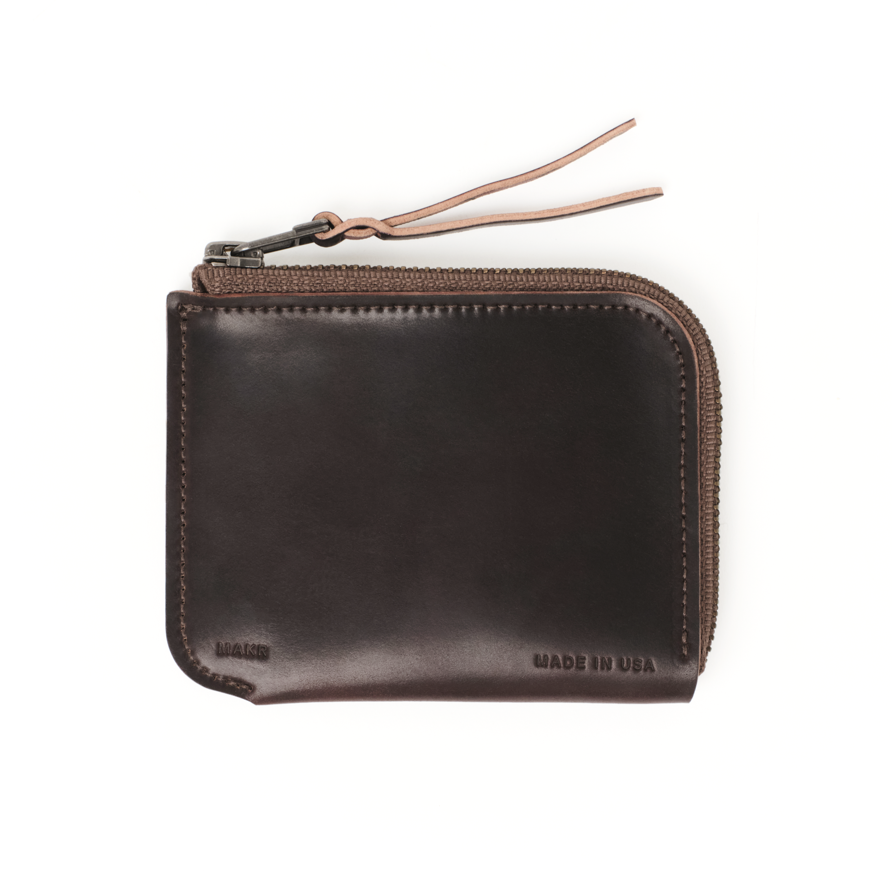 Front view of the MAKR Cordovan Zip Luxe V2 Wallet in Ox Blood Horween Shell Cordovan.