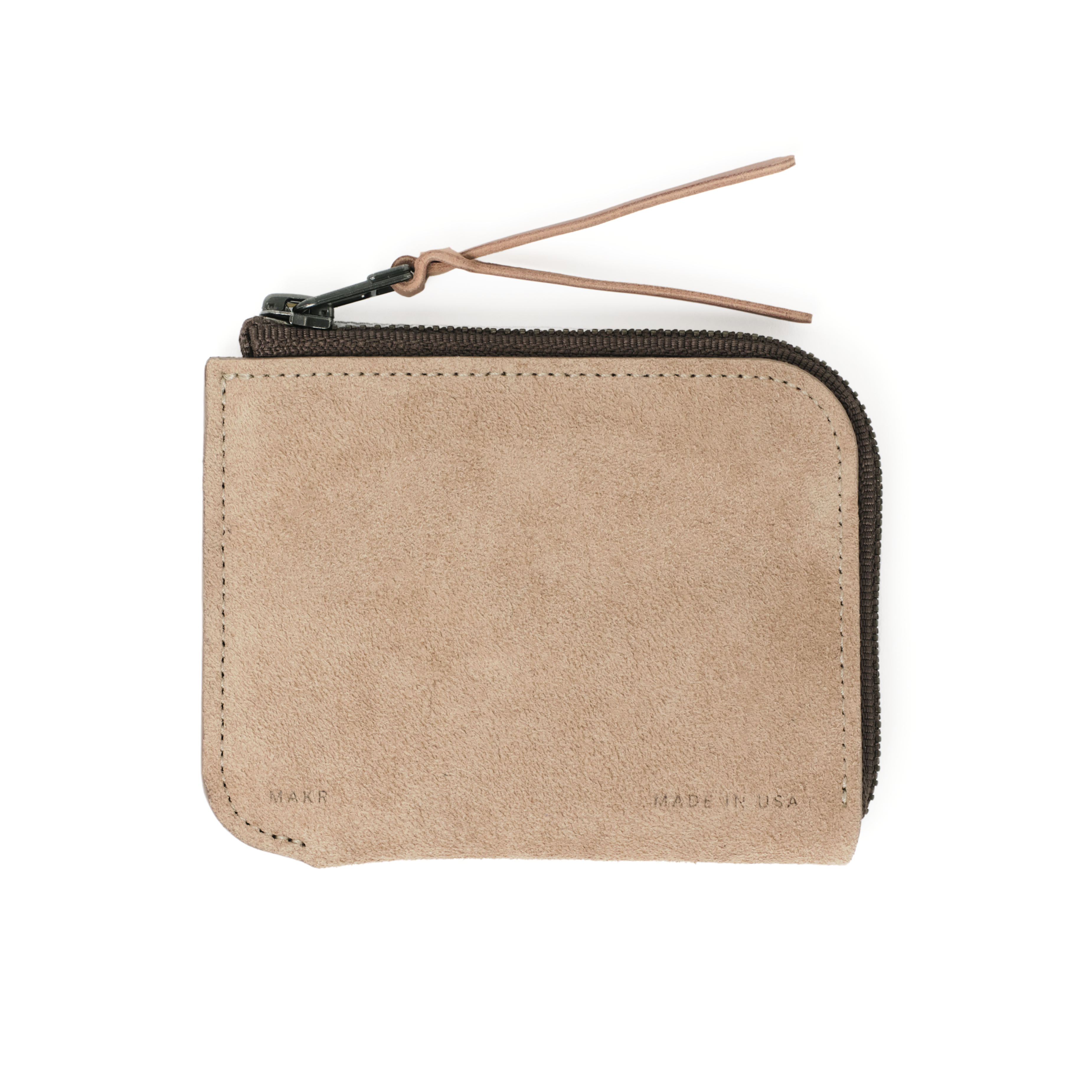 Front view of the MAKR Zip Luxe V2 Wallet in Khaki Horween suede.