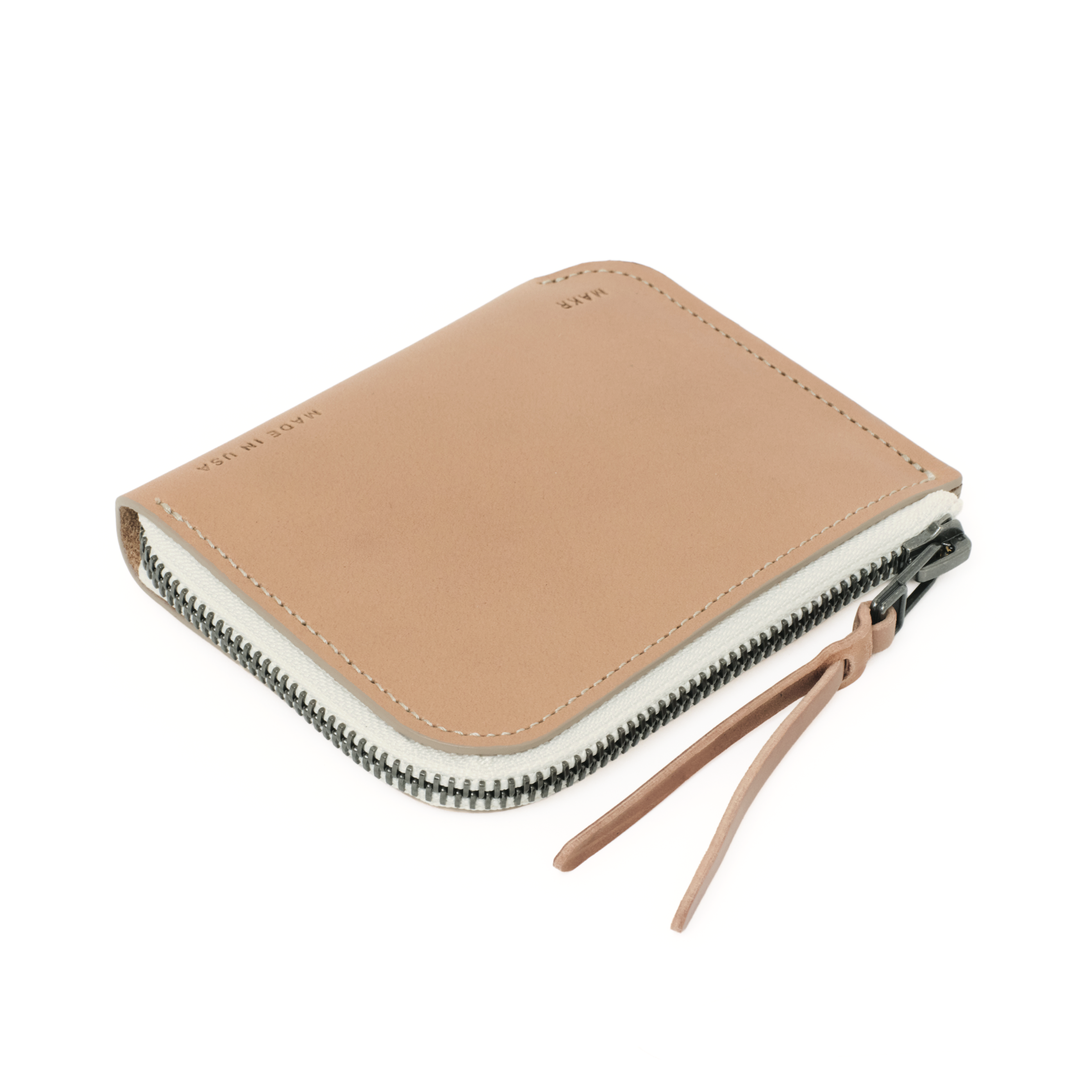 The MAKR Zip Luxe V2 Wallet in Natural Horween Latigo leather, shown at an angle.