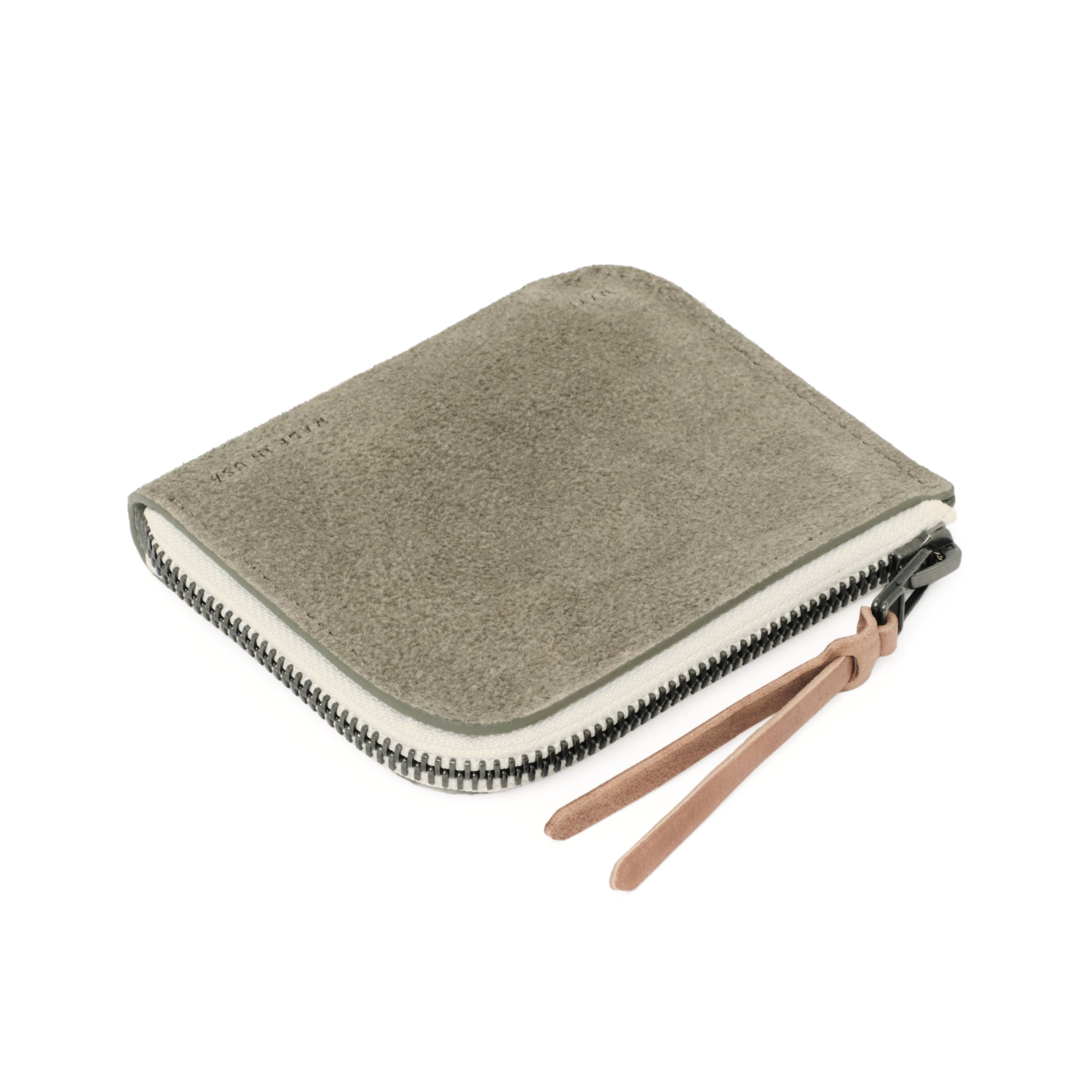 The MAKR Zip Luxe V2 Wallet in Stone Horween suede, shown at an angle.