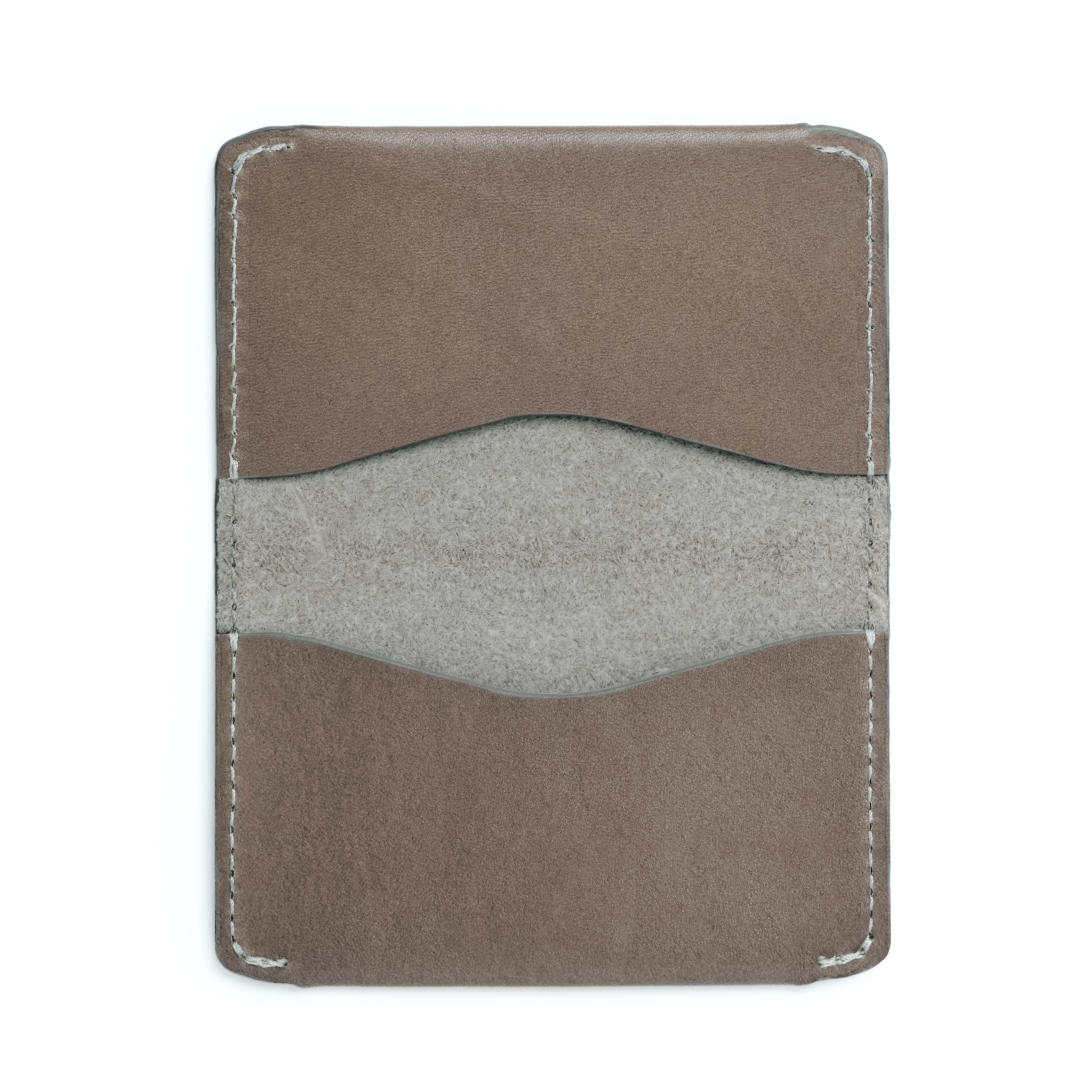 The MAKR Horizon Three V2 Wallet in Charcoal Horween leather, unfolded, outside view.