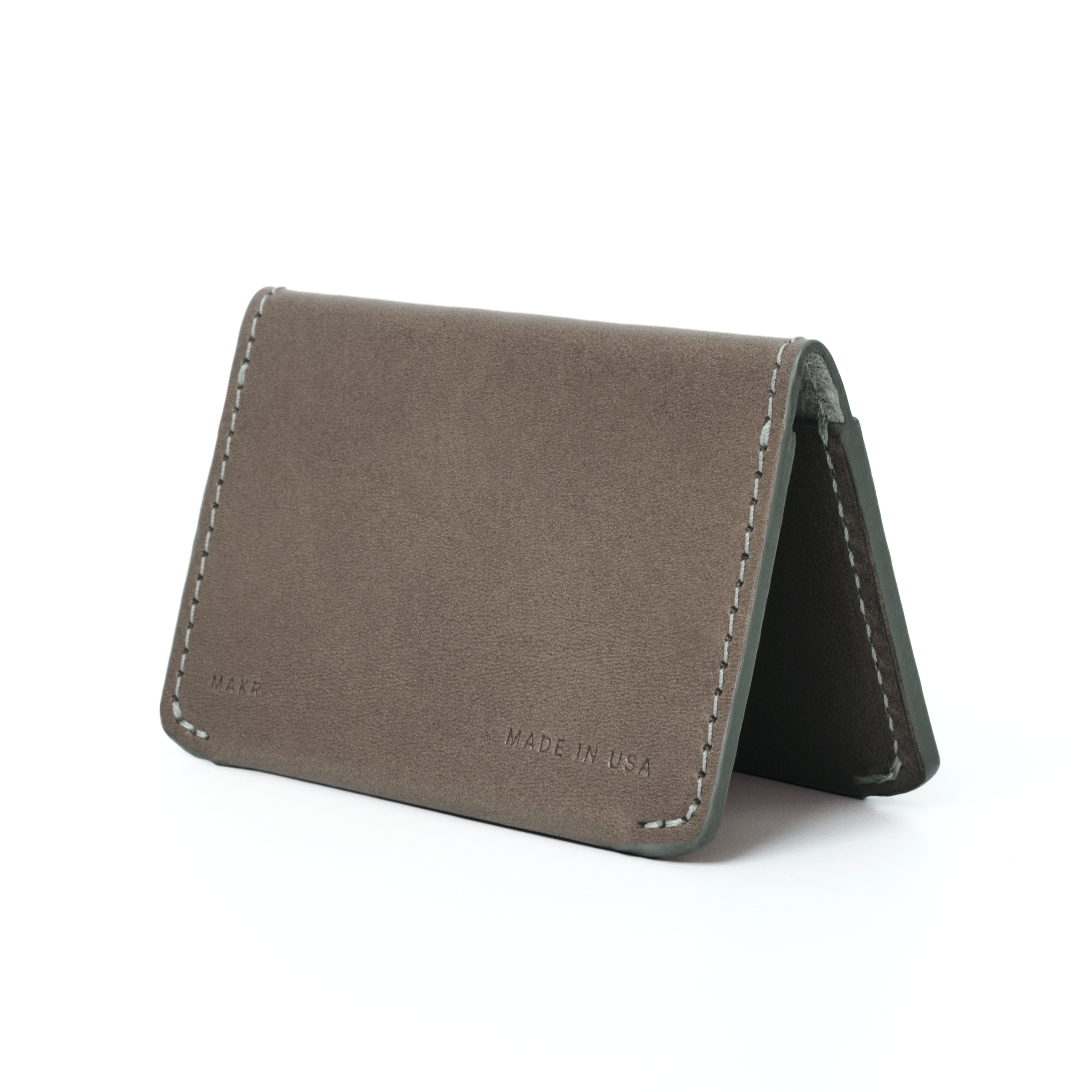 Angled back view of the MAKR Horizon Three V2 Wallet in Charcoal Horween leather.