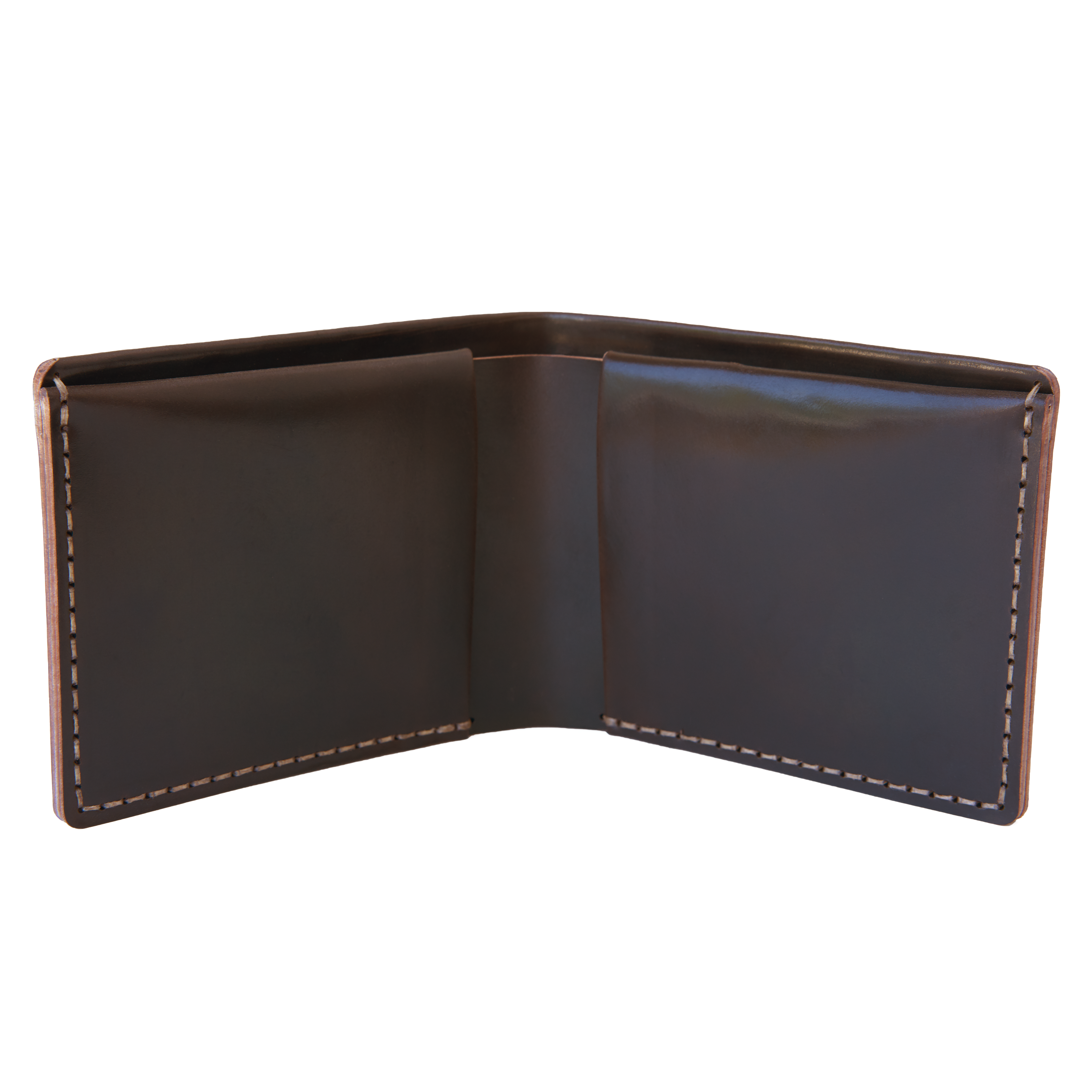 Front view of the MAKR Landscape Billfold Wallet in Ox Blood Horween Shell Cordovan.