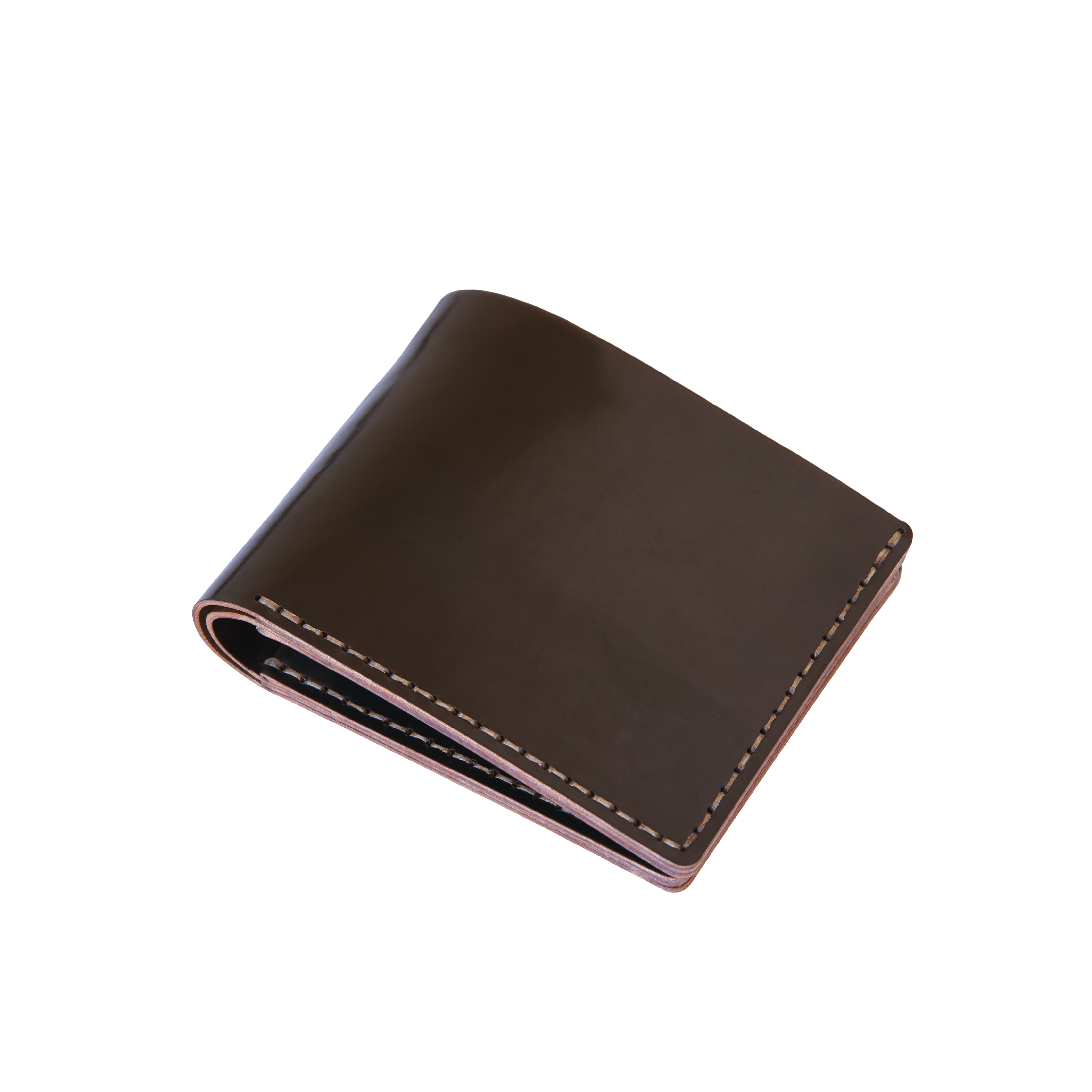 The MAKR Landscape Billfold Wallet in Ox Blood Horween Shell Cordovan, shown at an angle.