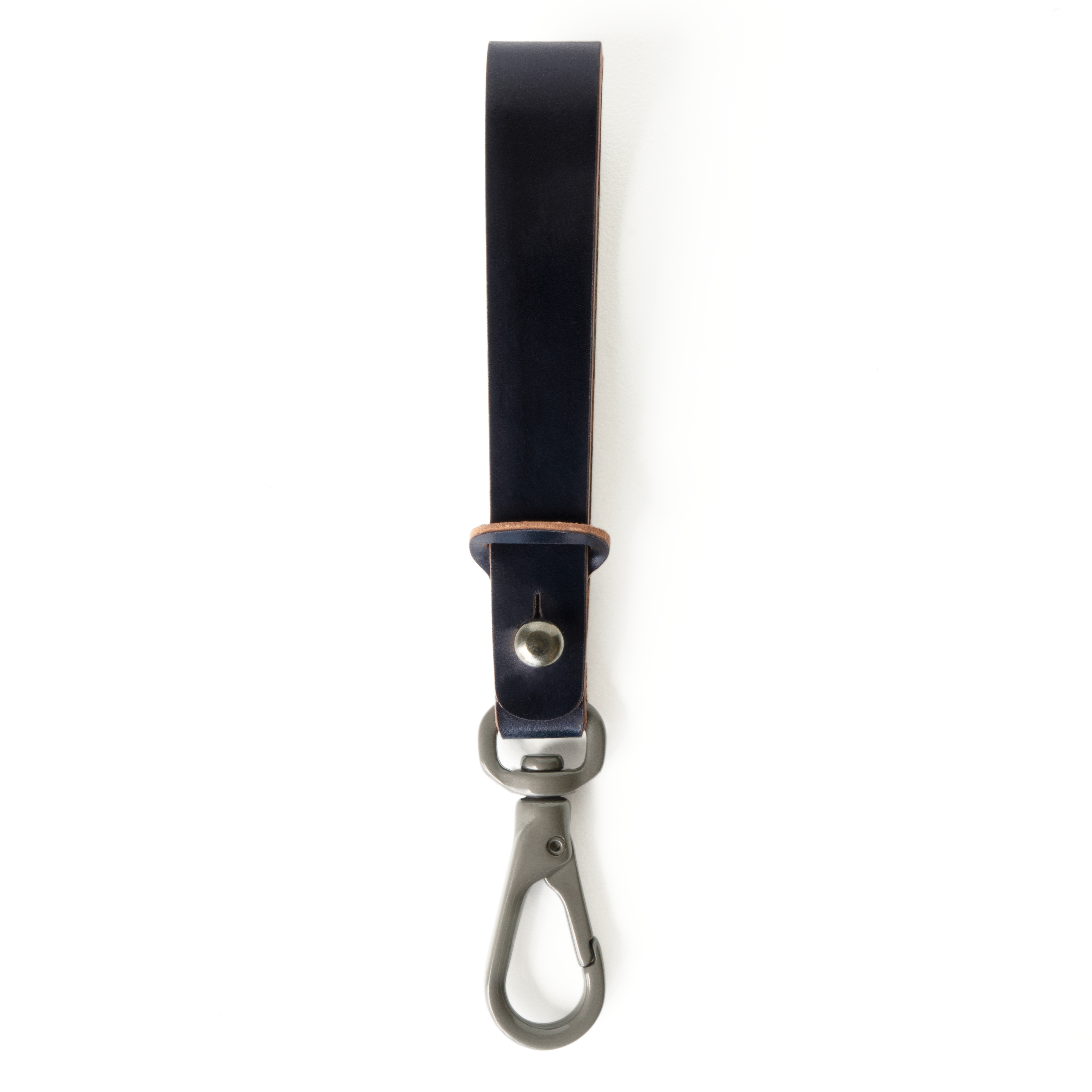 Front view of the MAKR Key Tether in navy shell cordovan with snap hook.