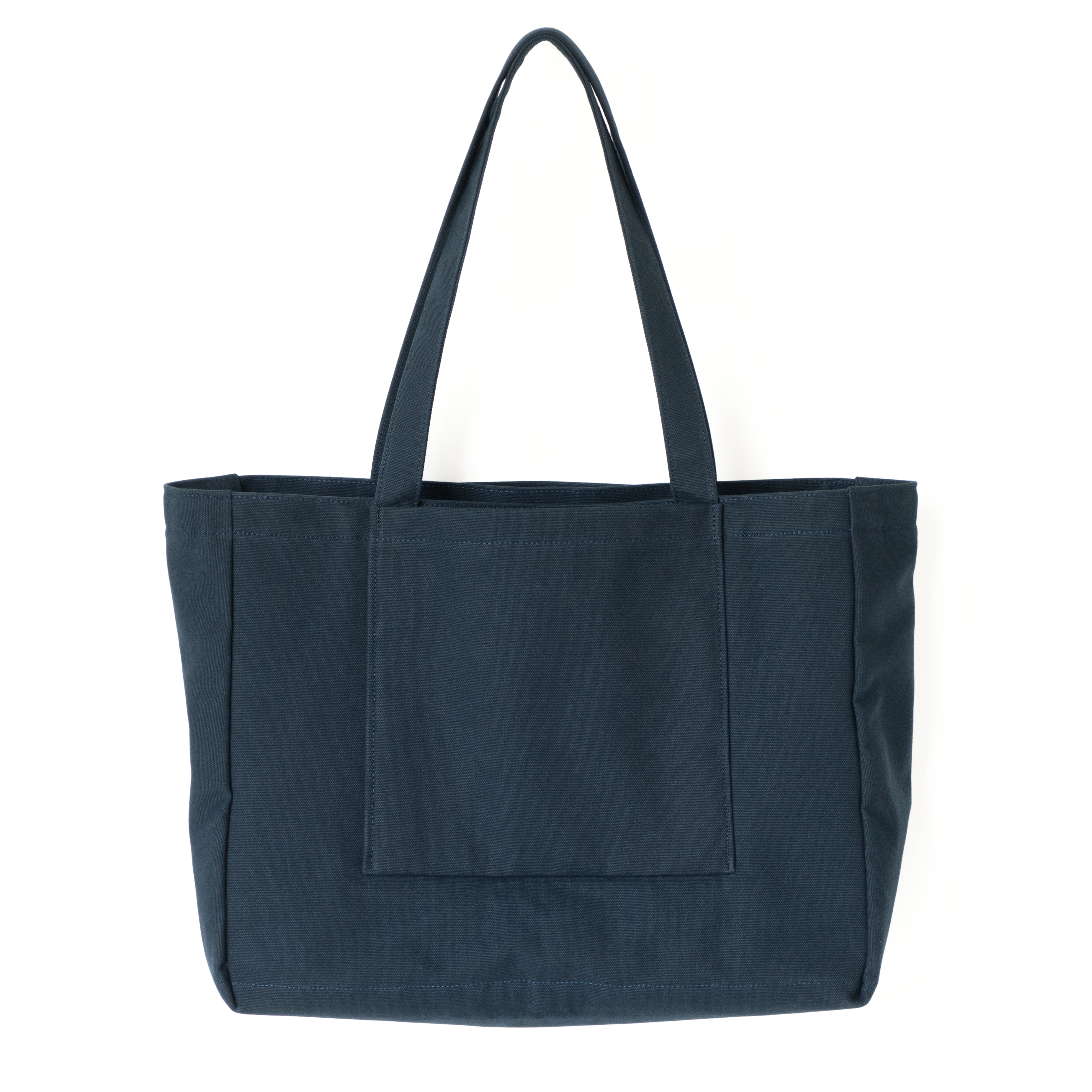 MAKR Offset Tote in carbon blue cotton duck, front view with exterior pocket and tall handles.